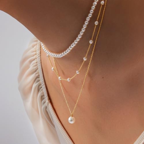 OGD Gold Pearl Necklace Set for Women 14K Plated Layered Daisy Choker Gift - color: 3PCS-Gold