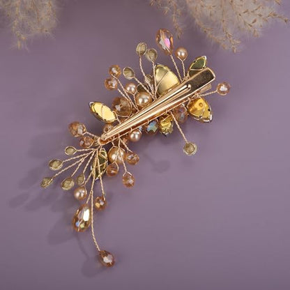 Teyglen Bridal Rhinestone Hair Clip Champagne Pearl Crystal Hair Barrette Sparkly Hair Piece Wedding Hair Clips Hair Accessories Jewelry for Women (Champagne) - color: Champagne