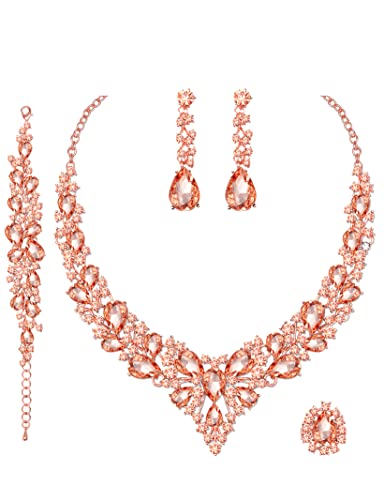 CSY Elegant Crystal Costume Jewelry Sets for Formal Events Gown Accessories | 4-Piece Set Bridal Necklace Earrings Bracelet Ring Set for Brides Eco-friendly Statement Jewelry for Wedding Party Prom - color: Peach color-Rose gold