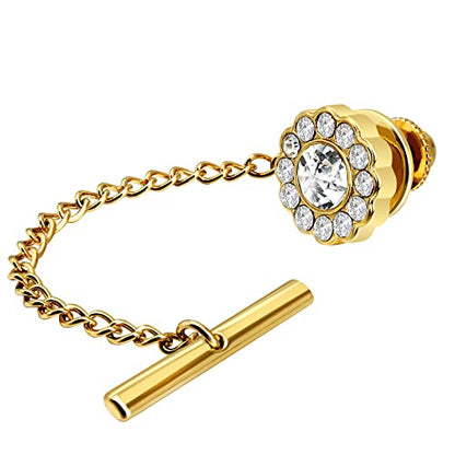 AMITER Crystal/Pearl Tie Tack with Chain, Gold Mens Tie Pin Necktie Pins Lapel Pin for Wedding Birthday Anniversary Party - color: 24k Gold+White Crystal