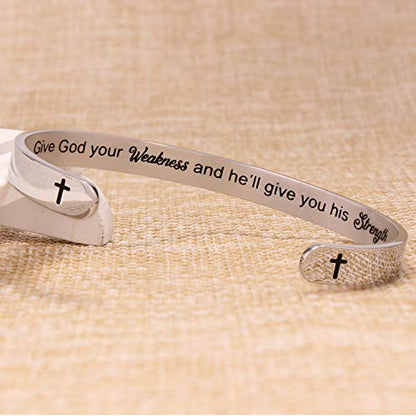 Btysun Bracelets for Women Mothers Day Bracelet Gifts from Daughter Inspirational Gifts for Women Graduation Gifts for Her Motivational Birthday Cuff Bangle Friendship Personalized Mantra Jewelry… - style: Give God your Weakness and he'll give you his Str