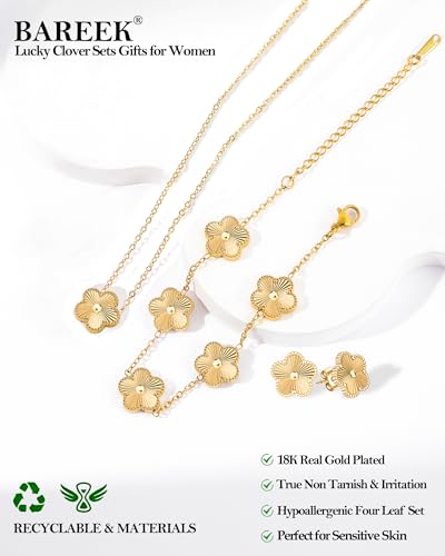 Clover Jewelry Set 3 PC - 18K Gold Plated Stainless Steel Y Necklace Four Leaf Pendant, Clover Link Bracelet Charm, Flower Earrings, Hypoallergenic Non-Tarnish,Simple Luxury Lucky Gifts for Women - color: Gold