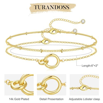 Turandoss 14K Gold Plated Interlocking Circle Bracelet Gifts for Women | Cubic Zirconia Circles Bracelets, Layered Twisted Circle Bracelet for Women, Trendy Jewelry Gifts - color: Circles Interlock Bracelet