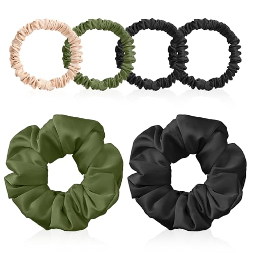 6PCS 100% Mulberry Silk Scrunchies Set, 2 Large and 4 Thin Silk Hair Ties for Women, No Damage Hair Accessories (Black, Olive Green, L) - color: Color 02