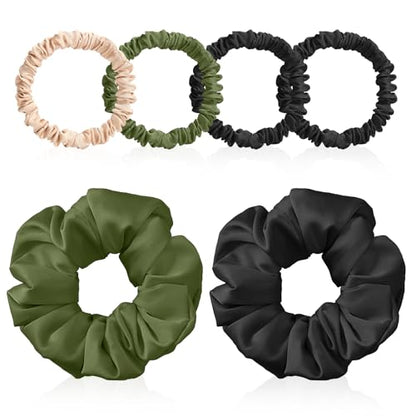 6PCS 100% Mulberry Silk Scrunchies Set, 2 Large and 4 Thin Silk Hair Ties for Women, No Damage Hair Accessories (Black, Olive Green, L) - color: Color 02