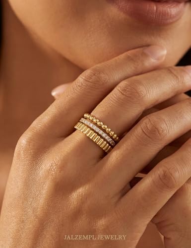 3Pcs Stackable Gold Rings Set for Women Cubic Zirconic Ribbed Bead Jewelry | 14K Gold & Silver Plated, Non Tarnish, Dainty Stacking Design, Trendy Gift - color: 14K Gold Plated