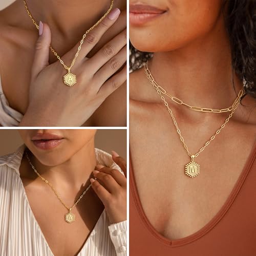 M MOOHAM Dainty Initial Necklaces for Women, 14K-Gold-Plated Layering Necklace for Women Cute Hexagon Letter Initial Necklace Layered Necklaces for Womens Teen Girl Gifts - color: 14K-Gold-Plated, style: D