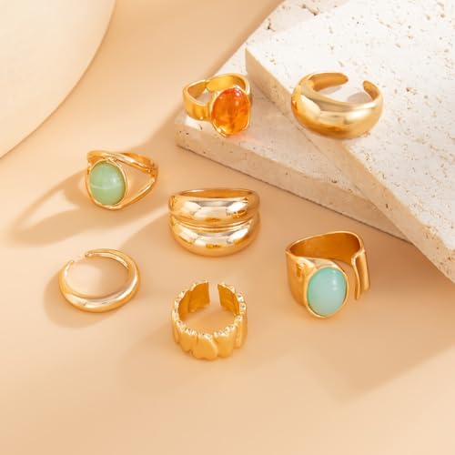 Chunky Gold Gemstone Ring Set for Women Adjustable Stackable Statement Rings Punk Geometric Turquoise Minimalist Jewelry - style: B-Gold