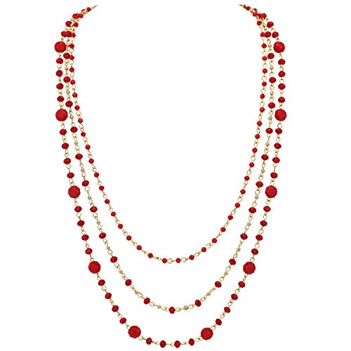 Firstmeet Long Chain Multi Layer Fashion Glass Beads Handmade Necklace for Women - color: Red-j