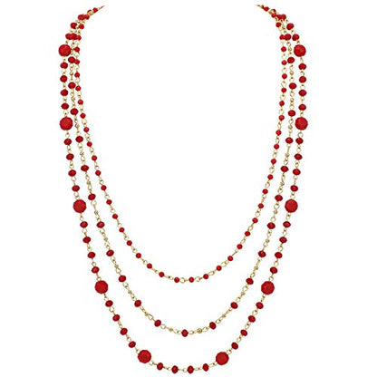 Firstmeet Long Chain Multi Layer Fashion Glass Beads Handmade Necklace for Women - color: Red-j