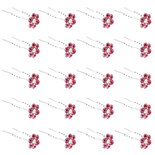 QIUTIMIY 20 Pack (Pink) Crystal Flower Hair Pins Rhinestone Hair Clips for Bridal Wedding Women Hair Jewelry Accessories, with Clear Container - color: Crystal Flower-Pink