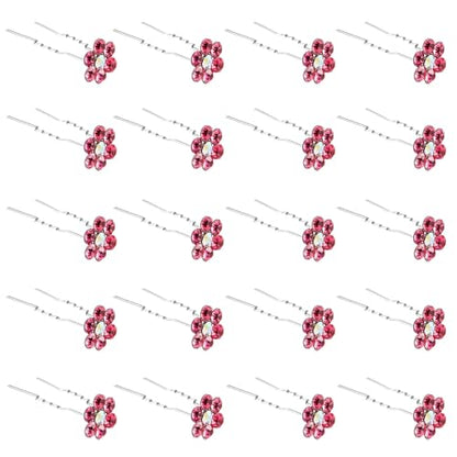 QIUTIMIY 20 Pack (Pink) Crystal Flower Hair Pins Rhinestone Hair Clips for Bridal Wedding Women Hair Jewelry Accessories, with Clear Container - color: Crystal Flower-Pink