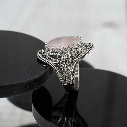Filigranist 925 Sterling Silver Handcrafted Filigree Art Flower Pattern Woman Oval Statement Ring, Gift Boxed - color: Rose Quartz
