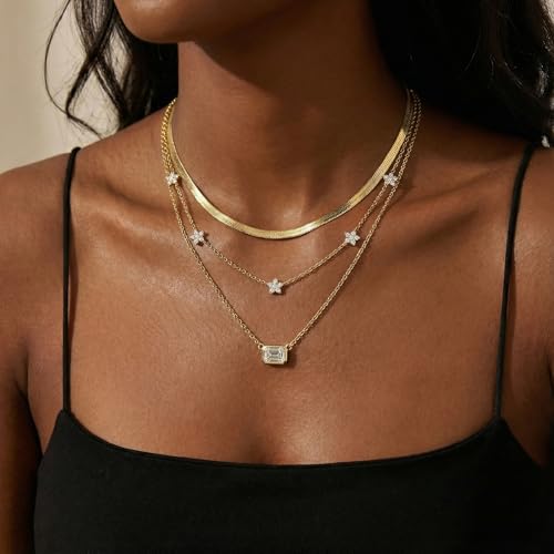 Coolkin 3 PCS Women Gifts Layered Gold Necklace for Women,14K Gold Plated Dainty CZ Pendant Layering Gold Necklaces Set Chain Choker Cubic Zirconia Necklace Trendy Jewelry Gifts - style: Rectangle CZ