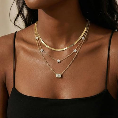Coolkin 3 PCS Women Gifts Layered Gold Necklace for Women,14K Gold Plated Dainty CZ Pendant Layering Gold Necklaces Set Chain Choker Cubic Zirconia Necklace Trendy Jewelry Gifts - style: Rectangle CZ
