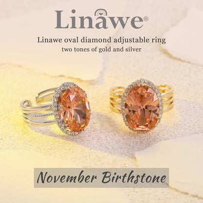 Linawe Costume Jewelry Adjustable Cocktail Ring for Women | Copper, Rhinestone, Cubic Zirconia, Oval, Fake Diamond, Crystal, Stone, Birthstone, Gemstone, Big, Chunky, Statement - color: White Orange