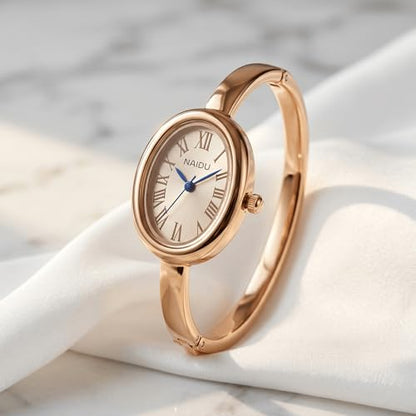 Women's Oval Bangle Watch, Elegant Open-Cuff Bracelet Wrist Watch with Roman Numeral Dial, Minimalist Luxury Fashion Quartz Watch for Ladies - color: Gold/Cream