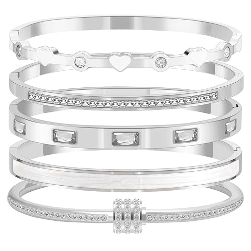Camhanno Pink Heart Bangle Bracelets for Women - 18K Gold Plated Stackable Stainless Steel, Friendship & Love Jewelry Gift for Her - color: Silver+White