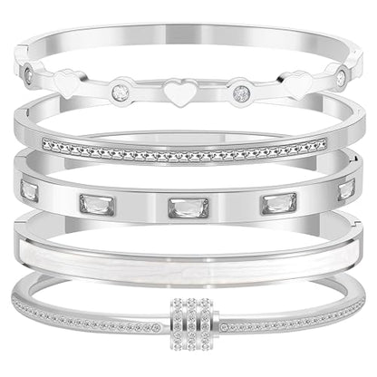 Camhanno Pink Heart Bangle Bracelets for Women - 18K Gold Plated Stackable Stainless Steel, Friendship & Love Jewelry Gift for Her - color: Silver+White