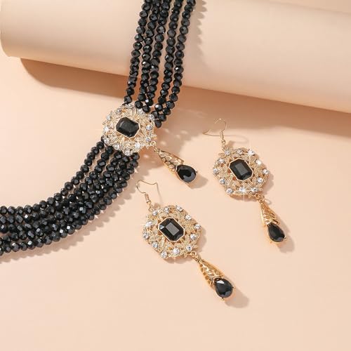 Missgrace Women Silver Black Green Red Rhinestone Crystal Tassels Bridal Necklace Earrings Sets Teardrop Necklace Dangle Earrings Set for Wedding Brides Bridesmaid - color: Black