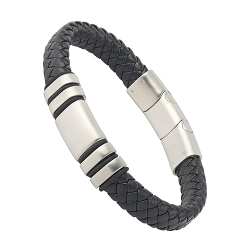 Forge & Foundry Men's Adjustable Black Leather Bracelet | Genuine Woven Leather with Snap Clasp | Design-Led, Artisan Jewelry from London [Navarro] - color: Silver - Single Strand, size: Large