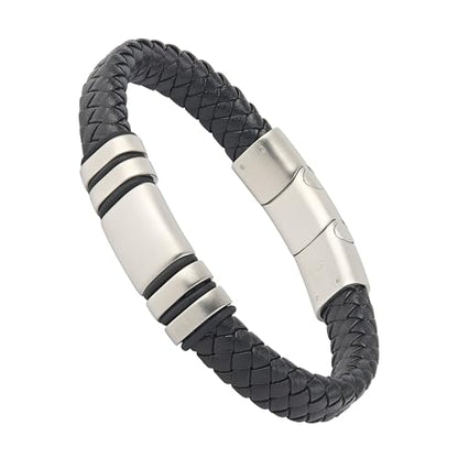 Forge & Foundry Men's Adjustable Black Leather Bracelet | Genuine Woven Leather with Snap Clasp | Design-Led, Artisan Jewelry from London [Navarro] - color: Silver - Single Strand, size: Large