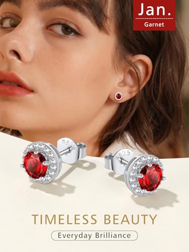FindChic Birthstone Earrings for Women, Round/Heart/Square/Teardrop Earrings with 925 Sterling Silver Posts & Push Backs, Hypoallergenic Studs with Cubic Zirconia, 12 Months Jewelry with Gift Box - style: 01. January-Garnet (Round)