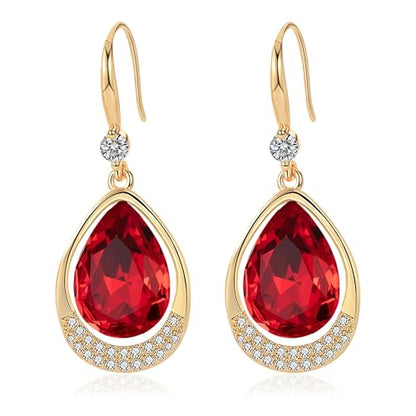 Austrian Crystal Halo Teardrop Hollow Drop Dangle Earrings for Women 14K Rose Gold Plated Hypoallergenic Jewelry Gifts - color: Red