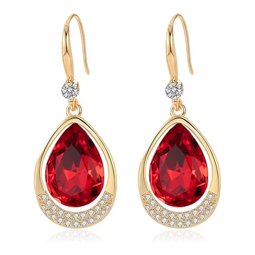 Austrian Crystal Halo Teardrop Hollow Drop Dangle Earrings for Women 14K Rose Gold Plated Hypoallergenic Jewelry Gifts - color: Red