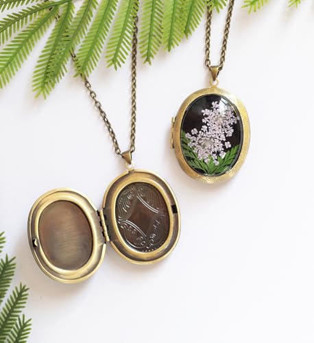 Handmade Oval Shaped Photo Locket with dried Pressed Flowers Locket pendant Necklace - style: Oval-Purple Lace