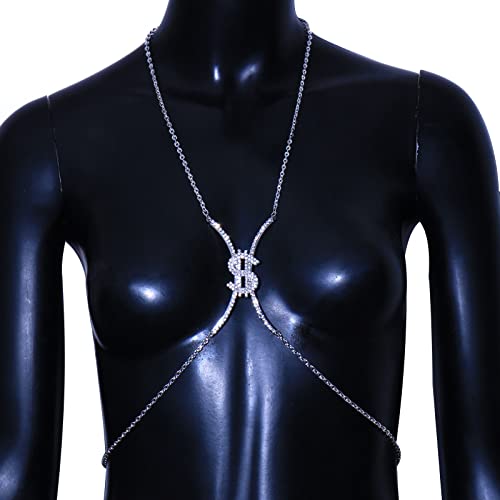 Rhinestone Chest Bracket Chain Crystal Dollar Sign Chest Chain Summer Bra Body Chain Sexy Bikini Waist Body Jewelry for Women