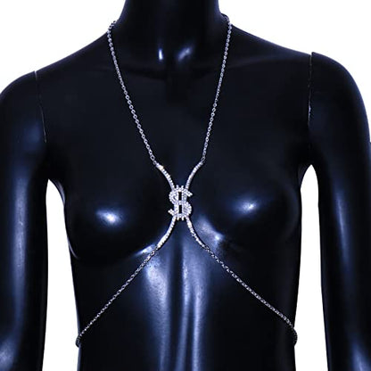Rhinestone Chest Bracket Chain Crystal Dollar Sign Chest Chain Summer Bra Body Chain Sexy Bikini Waist Body Jewelry for Women