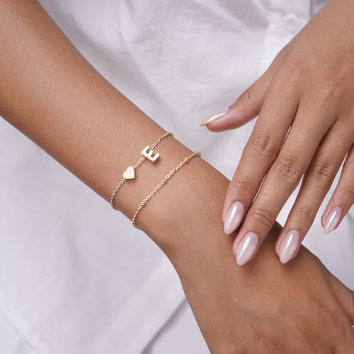 Gold Initial Bracelets for Women Trendy, Dainty Layered 14K Gold Plated Heart Letter Charm Bracelets, letter beads for name bracelets Jewelry Gifts - color: Gold-E