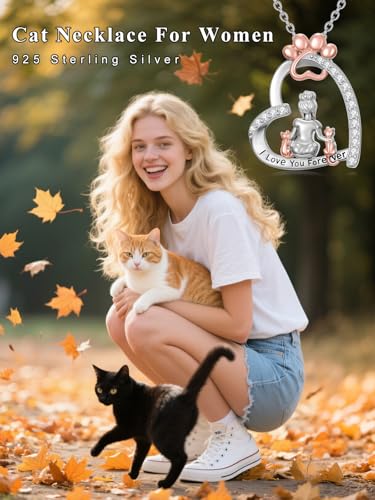 925 Sterling Silver Animal Necklace Heart Shape Dog/Rabbit/Cat Pendant Necklace for Women Animal Memorial Charm Jewelry Mother's Day Christmas Gifts - color: Cat and Women