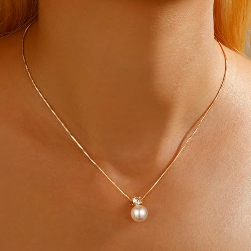 Ritach Pearl Necklaces for Women - Real Gold Plated Dainty Pearl Necklace Daisy Round Drop Pearl Choker Necklace Layered Gold Necklace for Women Teen Girls Bridesmaid Wedding Birthday Gifts - style: Gold-CZ Round Pearl