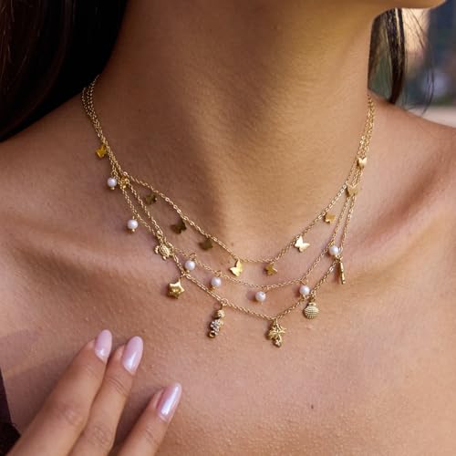 Unisex Celestial Gold Pendant Necklaces, Sun/Moon/Star/Angle Celestial Elements Unisex Choker Gold Lover Chains for Men and Women Jewelry - color: Pearl Strand #2
