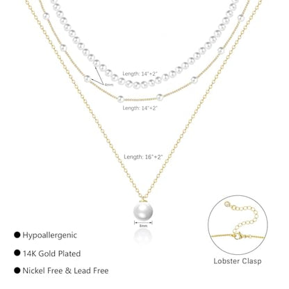 OGD Gold Pearl Necklace Set for Women 14K Plated Layered Daisy Choker Gift - color: 3PCS-Gold