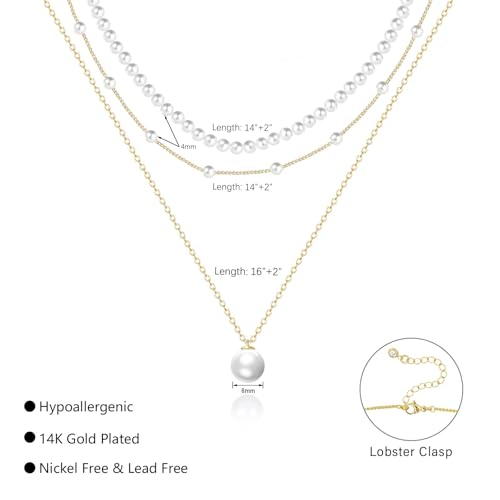 OGD Gold Pearl Necklace Set for Women 14K Plated Layered Daisy Choker Gift - color: 3PCS-Gold