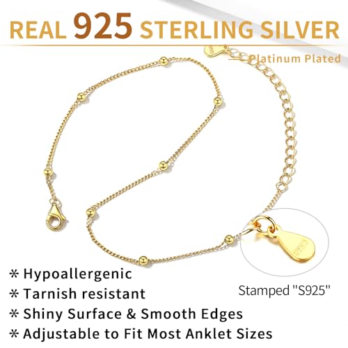 ChicSilver 925 Sterling Silver Ankle Bracelet for Women, Simple Cuban Link/Figaro/Twist Rope Chain Anklets for Beach Party(with Gift Box) - style: 05: Bead Chain-Gold