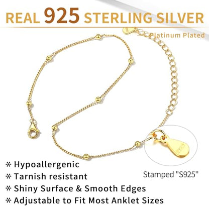 ChicSilver 925 Sterling Silver Ankle Bracelet for Women, Simple Cuban Link/Figaro/Twist Rope Chain Anklets for Beach Party(with Gift Box) - style: 05: Bead Chain-Gold