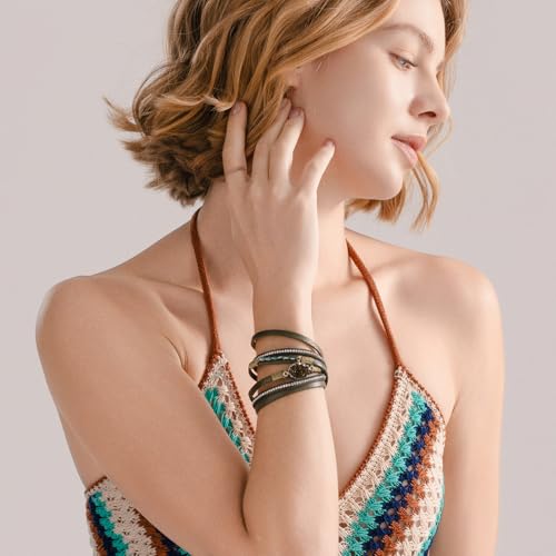 Boho Chunky Leather Wrap Bracelets Stackable Beaded Western Country Jewelry | Crystal Bead Trendy Layered Cuff Magnetic Clasp Stack Bohemian Statement Costume Outfits Cowgirl Fashion Hippie Accessories - color: Green, size: 14.7"