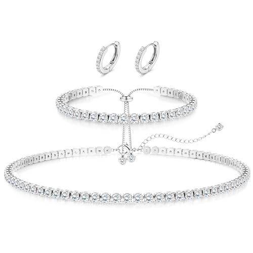 Jstyle 925 Sterling Silver Jewelry Set for Women - Dainty Tennis Necklace Bracelet Earrings Set Hypoallergenic Rhinestone Wedding Jewelry Sets for Brides Bridesmaids Crystal Prom Costume Accessories - color: Style B: Silver