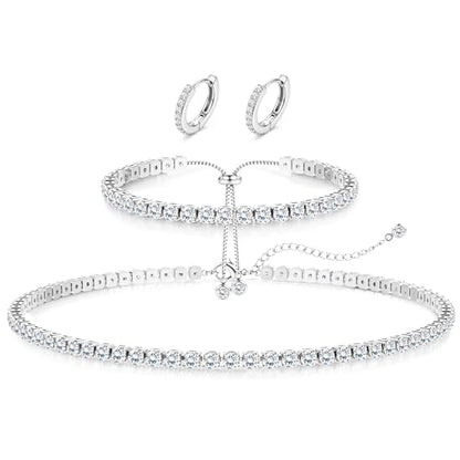 Jstyle 925 Sterling Silver Jewelry Set for Women - Dainty Tennis Necklace Bracelet Earrings Set Hypoallergenic Rhinestone Wedding Jewelry Sets for Brides Bridesmaids Crystal Prom Costume Accessories - color: Style B: Silver