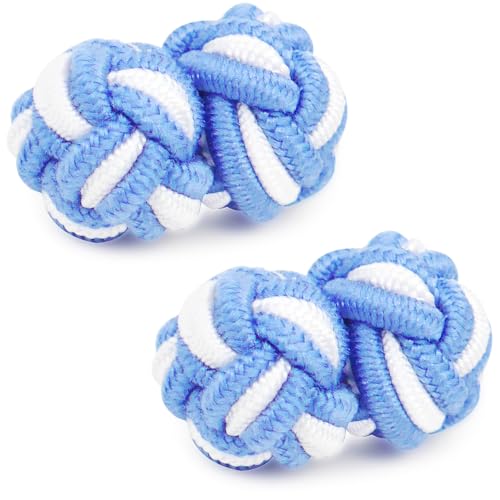 HONEY BEAR Round Silk Knot Elastic Fabric Cufflinks for Men Women 1 Pair | Wedding Business, Tarnish-Resistant, for Groomsmen, Father, Husband, Wife, Anniversary, and Formal Events - style: Blue with White