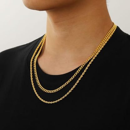 Layered Stainless Steel Chain Necklaces for Men Boys, 2Pcs Cuban Link/Rope/Herringbone Chains Jewelry Gifts, 16 "/18 ", 18 "/20 ", 20 "/22 ", 22 "/24 " - color: Gold, size: 16IN/18IN, style: Cuban/Rope Chain Set