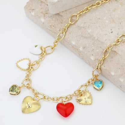 Charm Necklace for Women Gold Evil Eye Sun Moon Flower Coin Pendant Necklace Dainty Paperclip Chain Vintage Luck Amulet Choker Necklaces Celestial Jewelry Gift - style: 7 Heart Charms