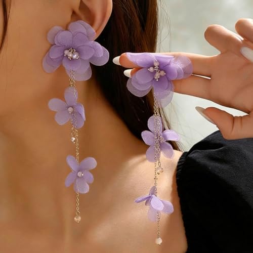 Flower Earrings for Women Long Fabric Flower Tassel Earrings Bohemian Handmade Floral Statement Earring Wedding Prom Jewelry Gifts - color: A6:purple