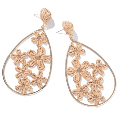 Boho Raffia Flower Teardrop Earrings Cute Colorful Dangle Trendy Jewelry | Floral Drop Statement Big Dangling Earring Hypoallergenic Gold Fun Unique Summer Spring Beach Vacation Outfits for Women - color: Bronze