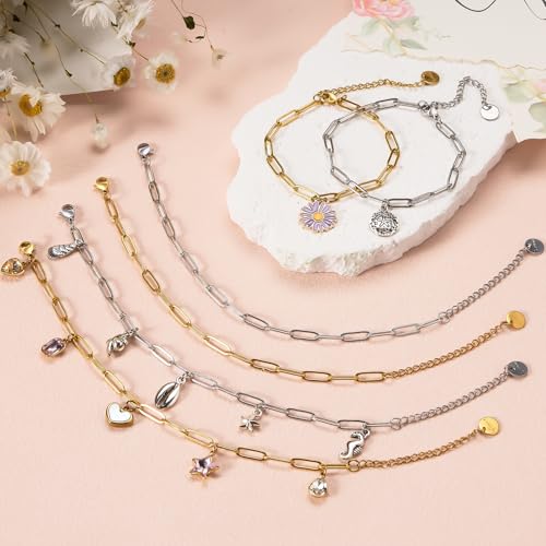 UMAOKANG 12PCS Stainless Steel Adjustable Paperclip Chain Bracelet Kit | 6.5Inch 6PCS Gold + 6PCS Silver Charm Bulk Bracelets Permanent Hand Chain for Men and Women - color: 6pcs Gold+6pc Steel