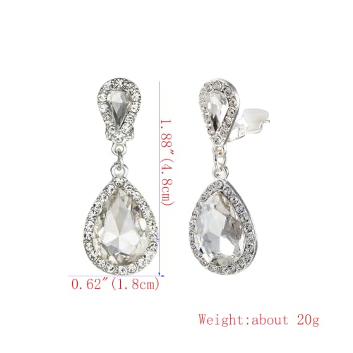 Classic Austrian Crystal Tear Drop Clip on Dangle Earrings for Women - color: White,Silver